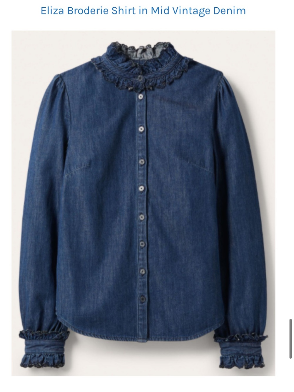 Boden Eliza Broderie Denim Shirt in Mid Vintage Blue